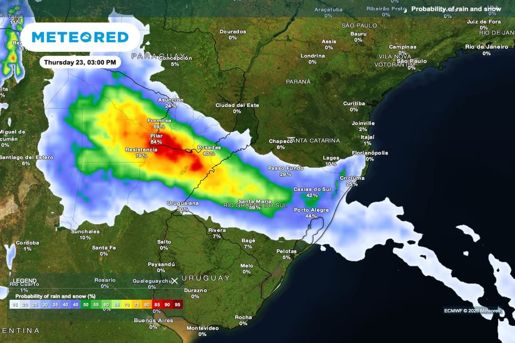 Probabilidade de chuva na quinta-feira mostra maior instabilidade sobre o Rio Grande do Sul e menor chance de precipitação no Paraná.