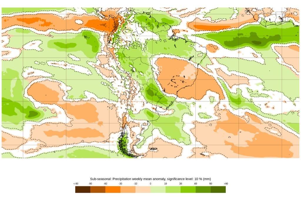 Anomalia semanal de precipitação indica chuva acima da média em parte do Sul do Brasil e reforça um período mais úmido sobre áreas produtoras de trigo.