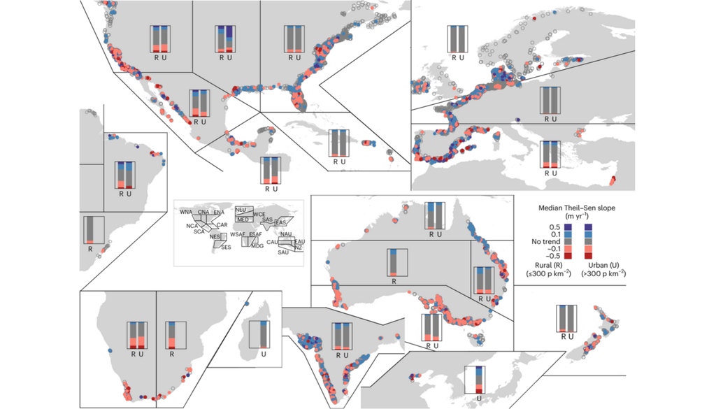 Jüngste Grundwasserstandstrends in globalen Küstenzonen nach Region: Rote Punkte zeigen einen sinkenden, blaue einen steigenden Grundwasserspiegel an. Bild: Nolte et al., 2026