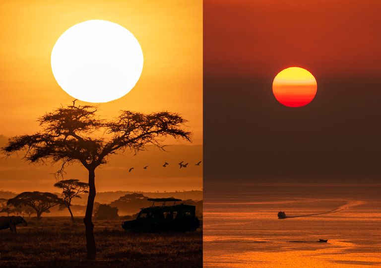 La dispersión de la luz por las partículas atmosféricas provoca el color rojizo en el astro rey cuando está cerca del horizonte. La dispersión de la luz por las partículas atmosféricas provoca el color rojizo en el astro rey cuando está cerca del horizonte.