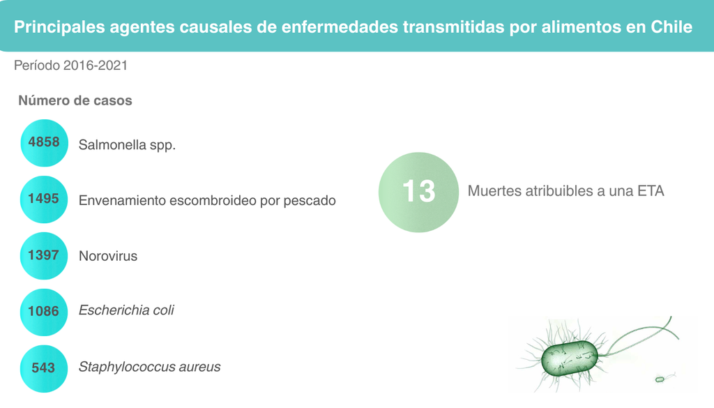 eta Cinco de los principales agentes causales de enfermedades de transmisión alimentaria en Chile. Datos de ACHIPIA.