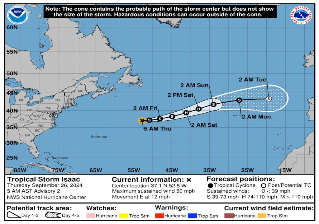 The latest NHC tropical cyclone forecast track for Tropical Storm Isaac.