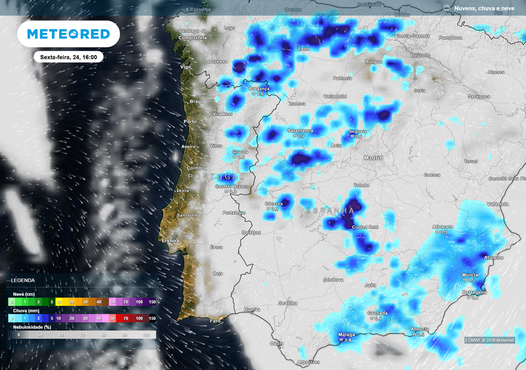Na sexta-feira, esta poderá ser a distribuição de precipitação em Portugal Continental. Em todos os locais que se preveêm chuva, também se prevê ocorrência de trovoadas.