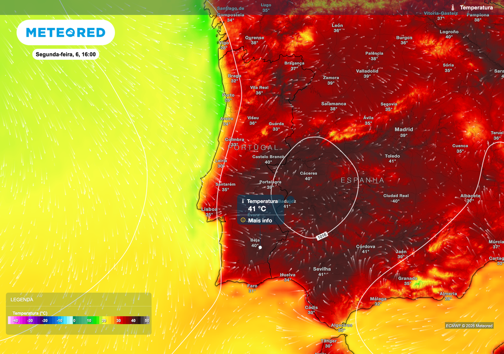 As temperaturas deverão chegar aos 41 ºC em vários locais do interior durante a tarde de segunda-feira, reforçando um ambiente extremamente quente e seco, favorável ao aumento do perigo de incêndio rural.