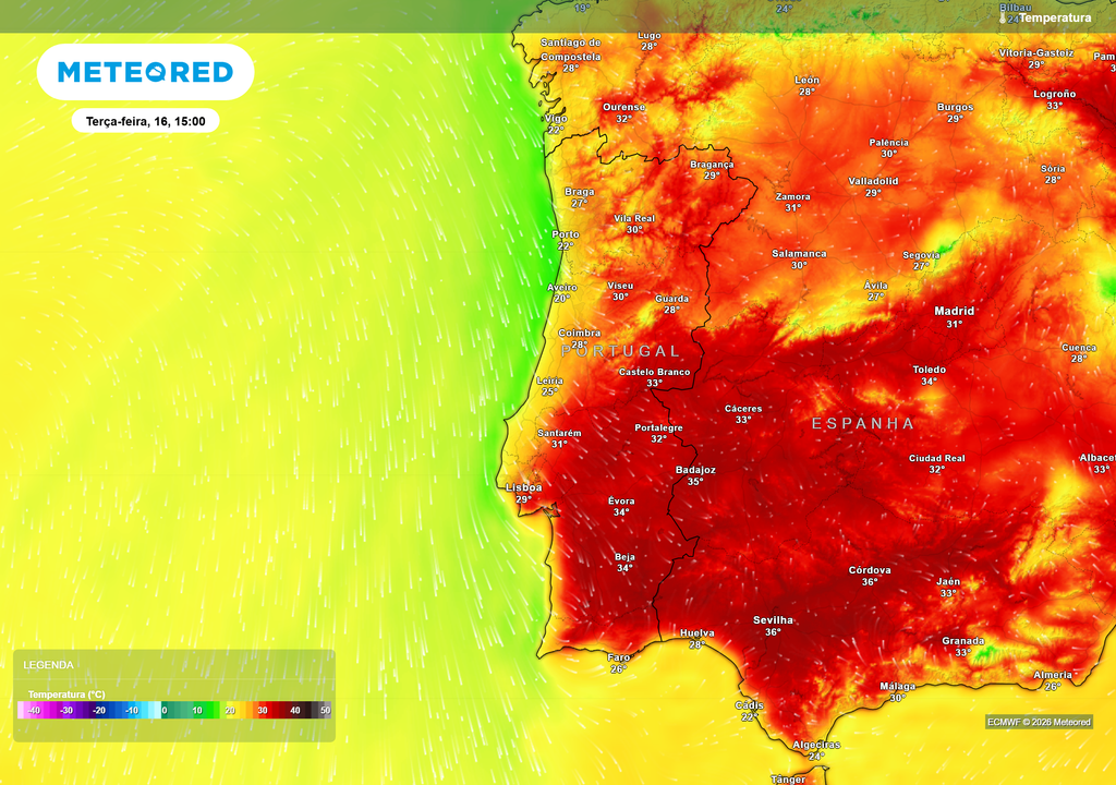 Temperatura Terça-feira deverá marcar o regresso de temperaturas mais amenas ao litoral português, com a influência marítima a fazer descer os valores máximos ao longo da faixa costeira. Em contraste, o interior e sobretudo o Sul do país continuarão sob influência de uma massa de ar muito quente.