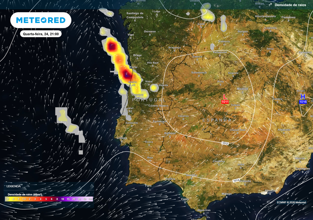 Densidade de raios prevista para quarta-feira, 24 de junho, às 21h A atividade elétrica deverá intensificar-se durante a noite de quarta-feira, especialmente no litoral Norte e Minho.