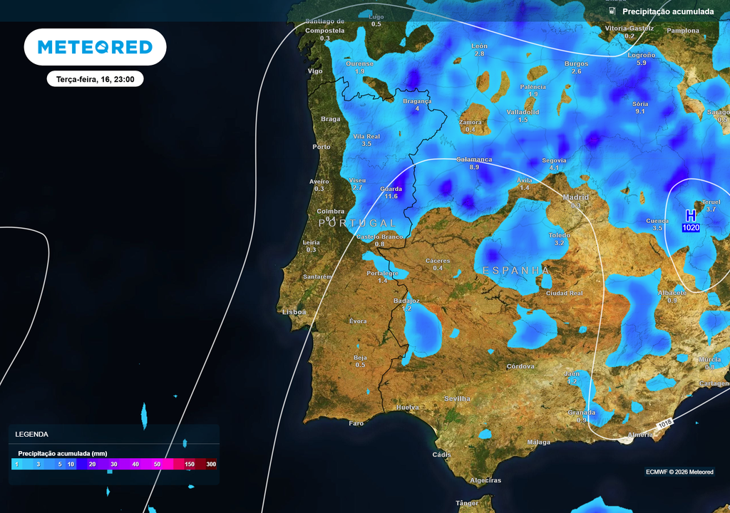 Precipitação acumulada prevista para terça-feira, até às 23h Os maiores acumulados deverão concentrar-se nos distritos da Guarda, Bragança e Vila Real.