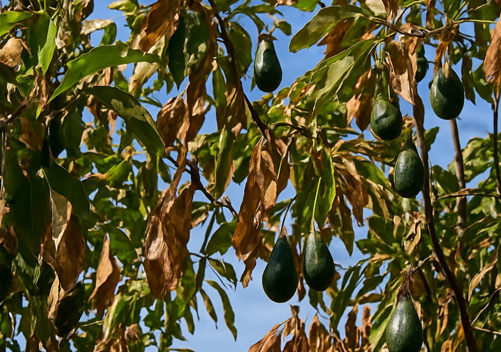 Hojas con puntas secas y frutos visibles en un palto durante el verano, un síntoma típico de estrés hídrico y acumulación de sales en Persea americana, intensificado por altas temperaturas y baja humedad ambiental.