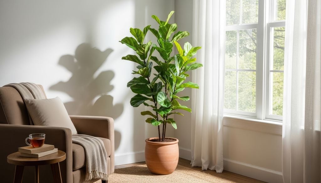 Cuando recibe poca luz, el Ficus lyrata suele perder hojas inferiores y desarrollar tallos mucho más débiles.