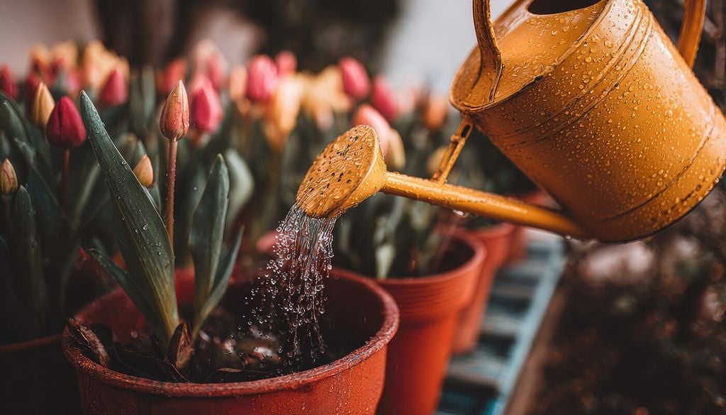 Los tulipanes toleran mucho mejor un breve periodo de sequedad que un sustrato constantemente saturado de agua.