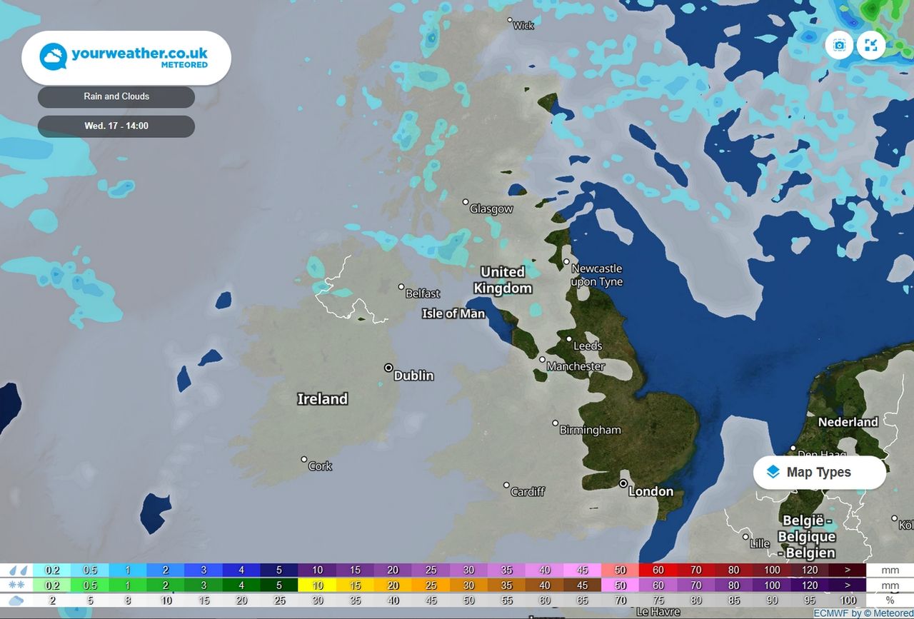 UK weather breezy and wet in the north with a threat of snow