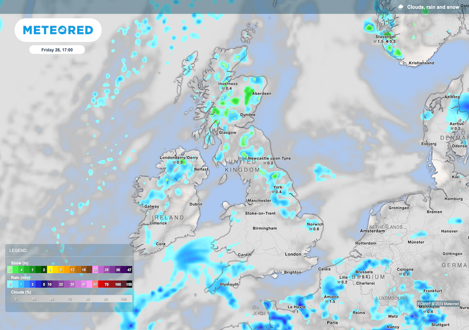 Scattered showers on Friday will be most frequent in the north and east and may be wintry over the Scottish hills.