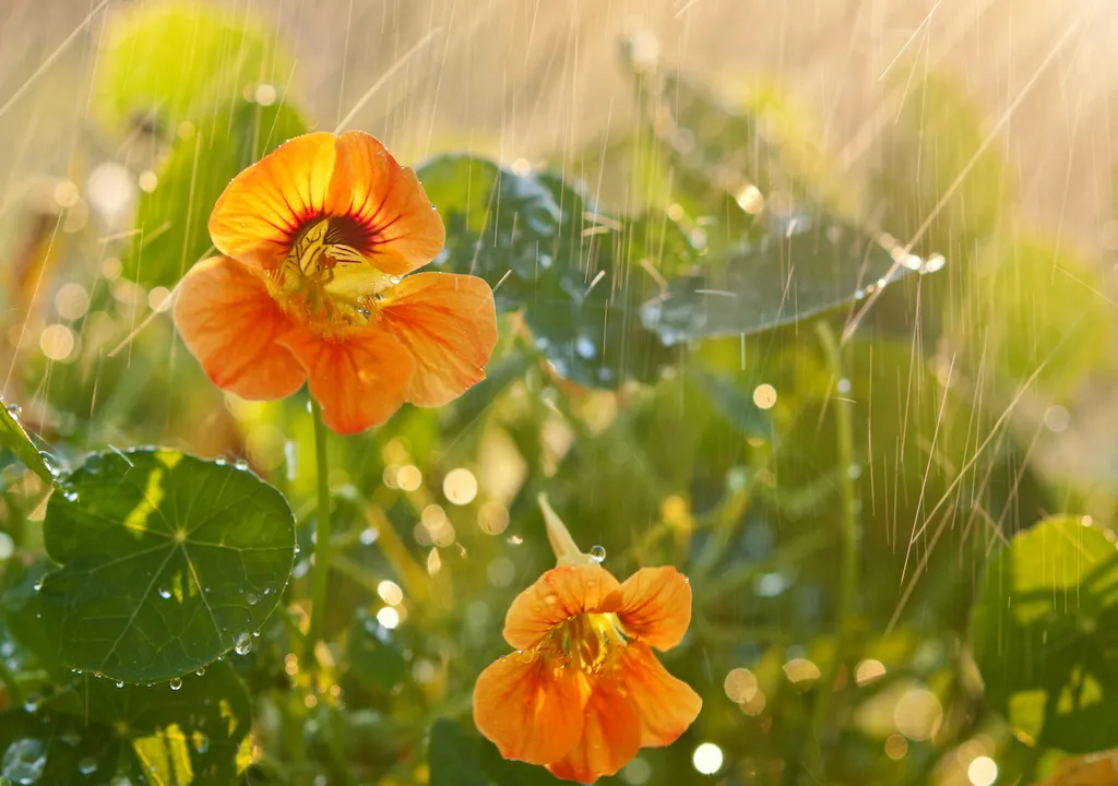 Sunshine and rain on flowers.