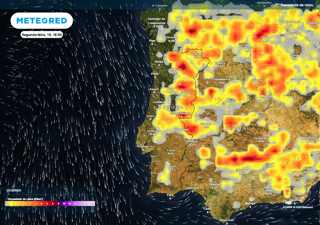 Interior Norte e Centro e Alto Alentejo são as zonas onde se prevê uma maior concentração das descargas elétricas na segunda-feira, 15 de junho.