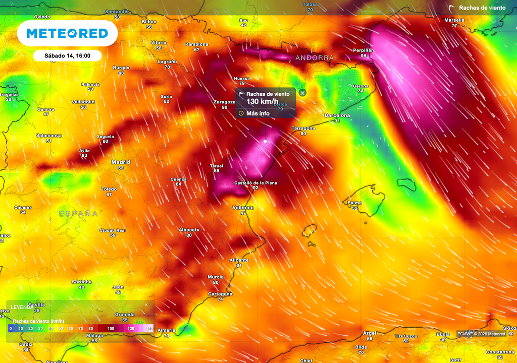 Rachas máximas de viento el sábado, en el momento álgido del temporal de mestral y tramontana.