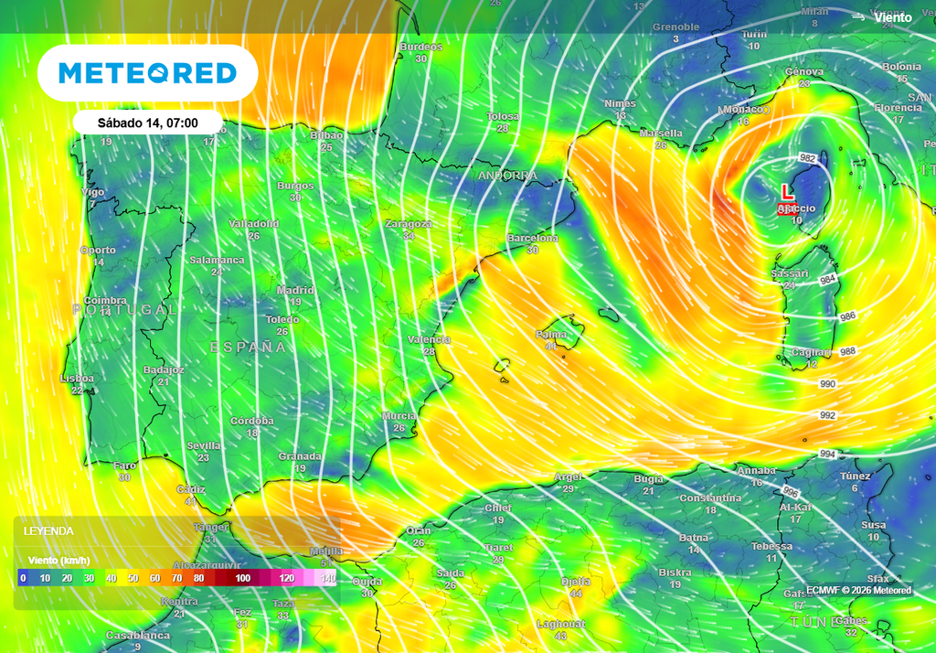 La borrasca se profundizará en el golfo de León, desplazándose hacia Córcega.