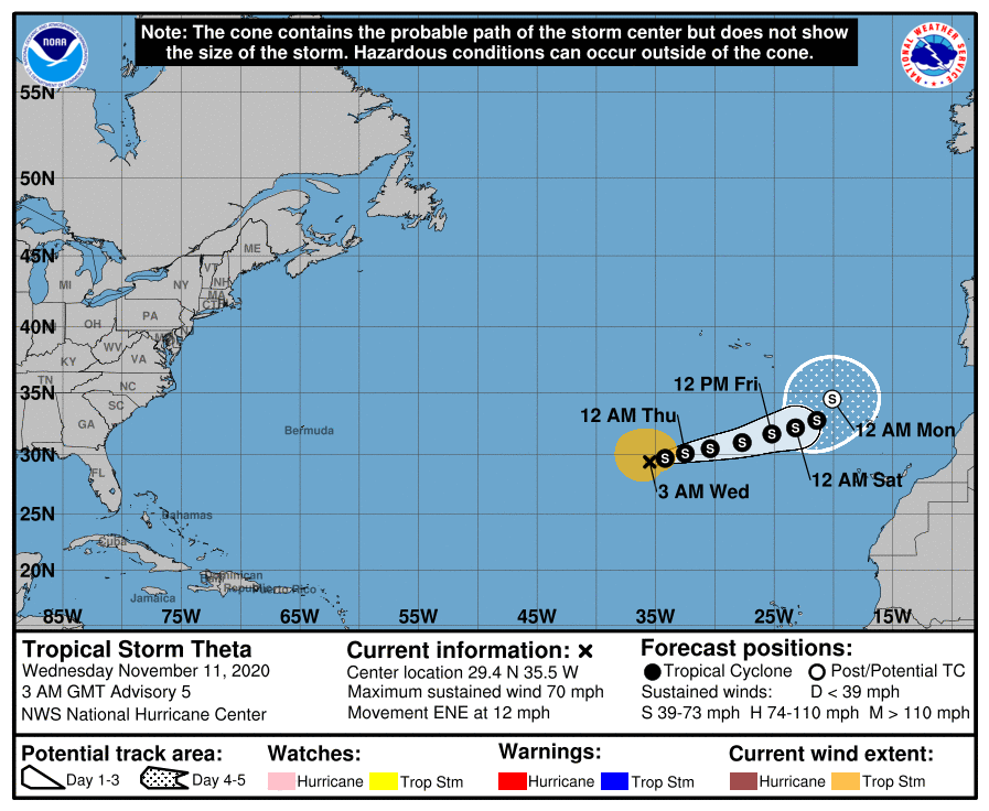 Última hora sobre la tormenta tropical Theta a 11 de noviembre de 2020