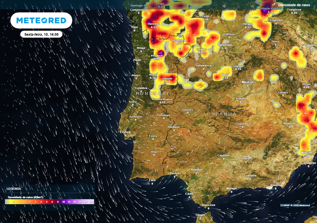 Nas tardes de sexta e sábado, dias 10 e 11 de julho, poderá verificar-se um incremento na instabilidade meteorológica, com consequente desenvolvimento de atividade elétrica, geralmente localizada e por vezes forte, sobretudo no interior Norte e Centro. Poderá, ocasionalmente, surgir mais a sul, na Beira Baixa e no interior alentejano.