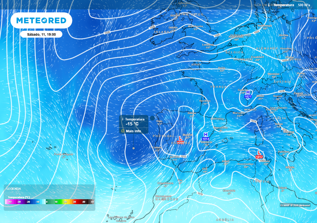 Neste mapa de previsão da temperatura a 500 hPa para sábado, 11 de julho, observa-se uma depressão isolada em altitude, também conhecida por gota fria, perfeitamente formada a oeste da Península Ibérica.