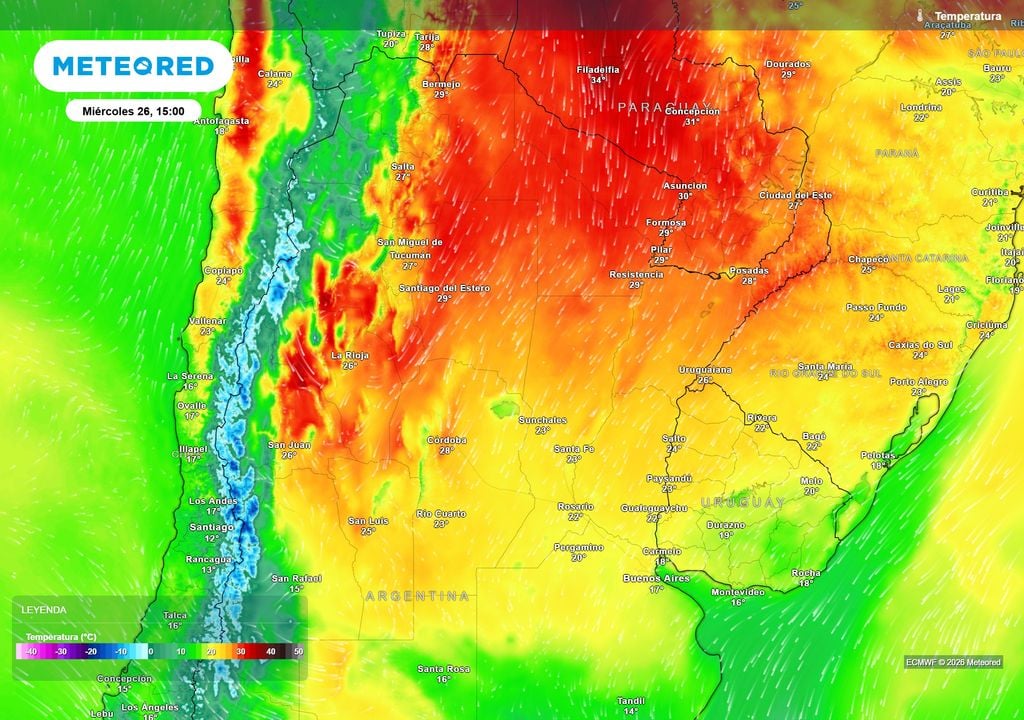 Pronóstico, Clima, Tiempo, Argentina Temperaturas previstas para la tarde del miércoles según nuestro modelo de confianza el ECMWF
