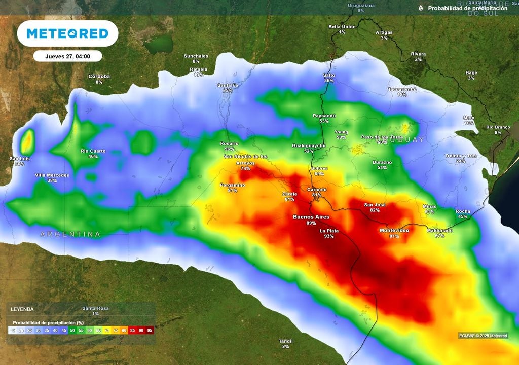 Pronóstico, Clima, Tiempo, Argentina Probabilidad de precipitaciones durante el próximo jueves según mapas propios basados en nuestro modelo de confianza ECMWF