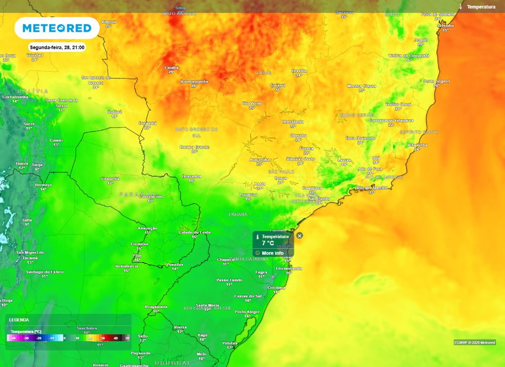 Temperatura prevista para a noite de segunda-feira 928) indica queda nas temperaturas sobre áreas de atuação da massa de ar polar. Temperatura prevista para a noite de segunda-feira 928) indica queda nas temperaturas sobre áreas de atuação da massa de ar polar.