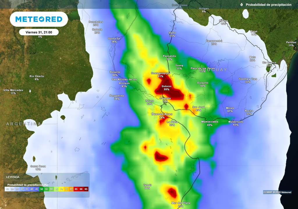 Probabilidad de precipitaciones durante el próximo viernes según mapas propios basados en nuestro modelo de confianza ECMWF