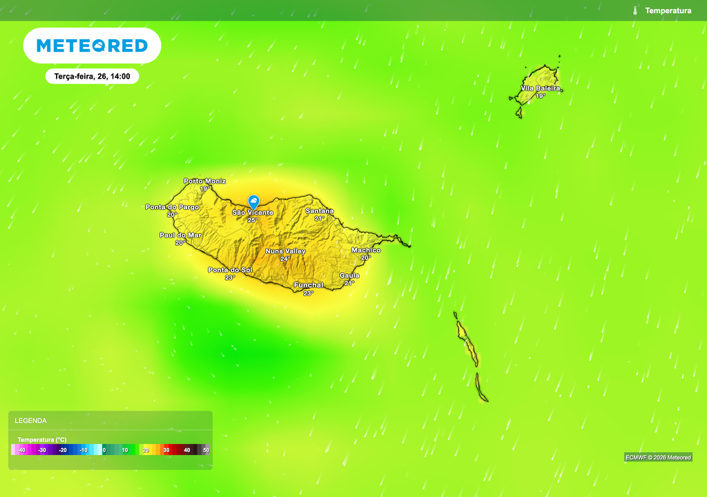 Temperaturas amenas a agradáveis na Madeira durante a tarde de terça-feira, com valores entre 20 e 25 ºC, mais elevados no interior e vertentes sul. O padrão confirma a influência da crista subtropical, com tempo estável, seco e relativamente quente para a época.