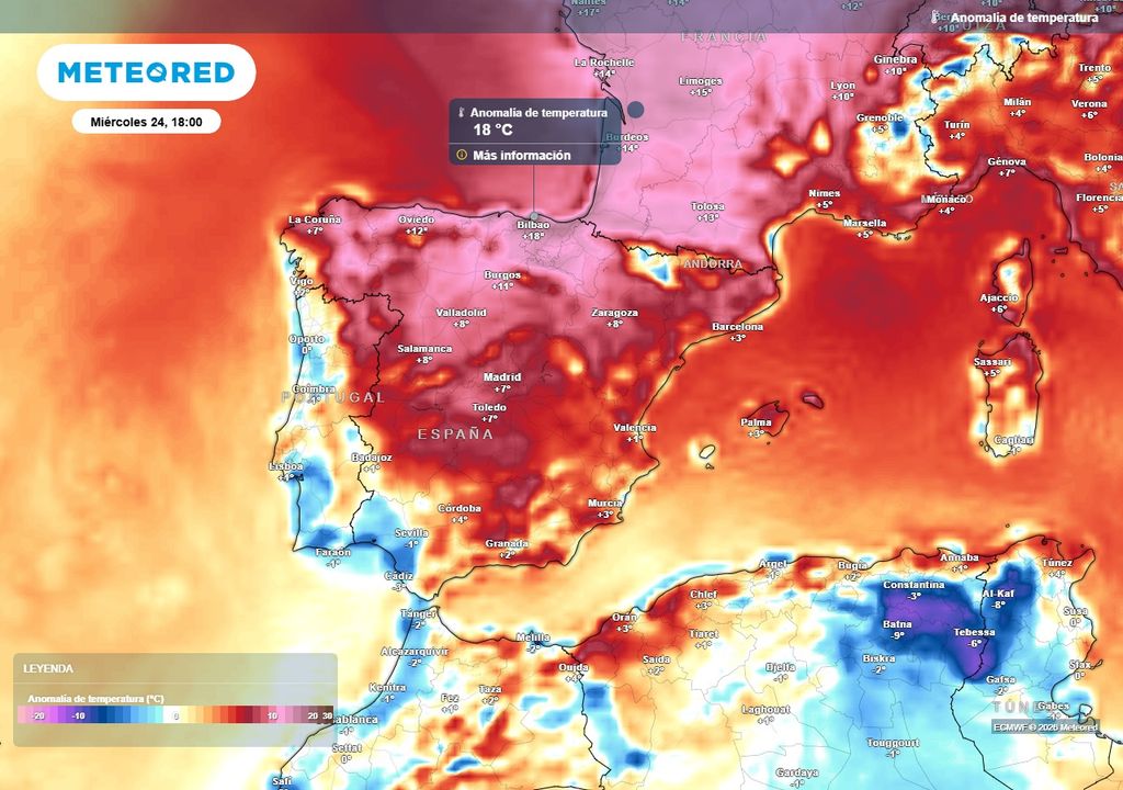 Calor extremo en el Cantábrico Oriental Mañana tendremos anomalías cálidas muy destacadas en el área cantábrica, de hasta +18 ºC en el País Vasco. Seguirá siendo un día muy caluroso para el conjunto de España.