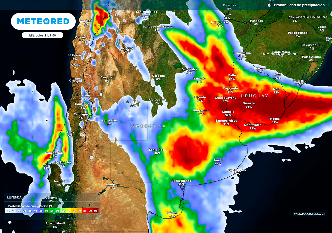 Probabilidad de precipitaciones durante el miércoles según mapas propios basados en nuestro modelo de confianza ECMWF.