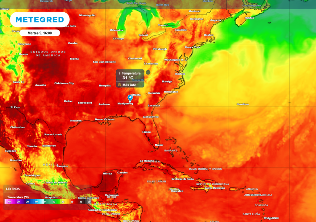 calor en Alabama Temperatura estimada en la tarde del martes 9 de junio sobre el estadio, con elevada ST por efecto de la humedad. Modelo: ECMWF