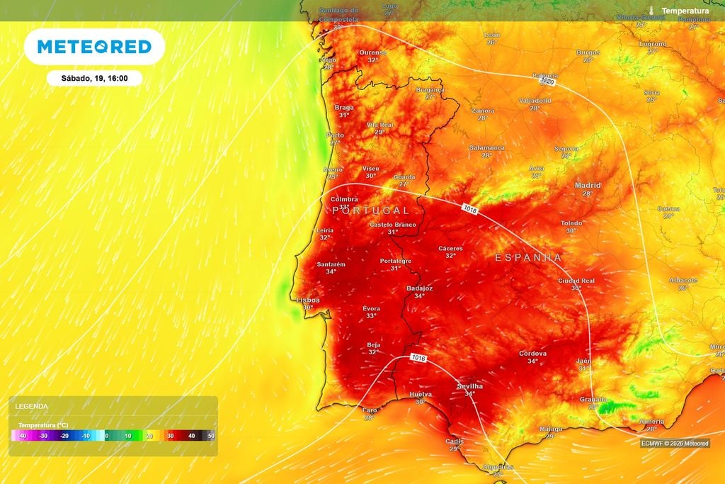 Sábado trará temperaturas acima dos 30 ºC a grande parte de Portugal Temperaturas previstas pelo ECMWF para sábado às 16h. O calor será mais intenso no Centro e Sul, com máximas de 33 a 34 ºC em várias regiões.