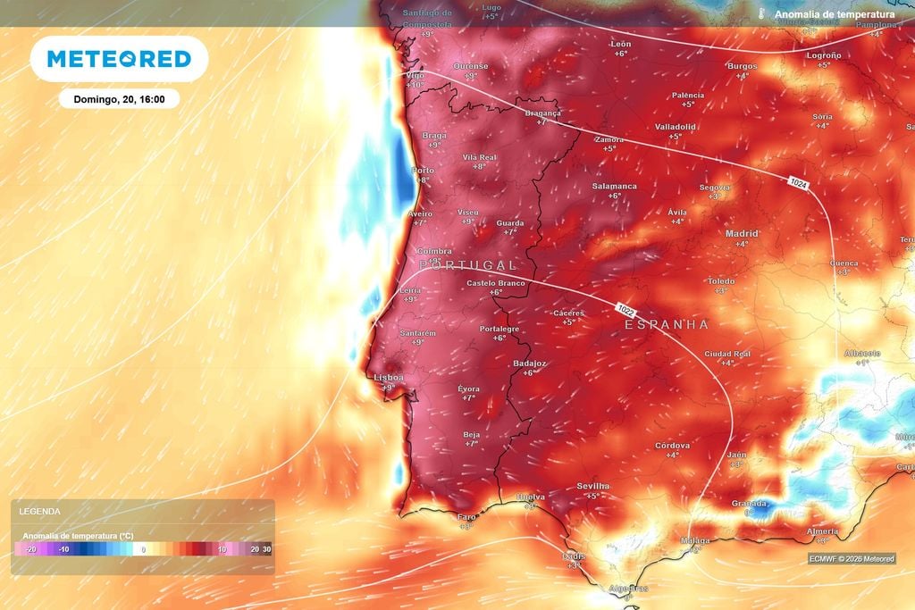 Portugal estará muito mais quente do que o normal neste domingo Anomalia da temperatura prevista pelo ECMWF para domingo às 16h. Grande parte do território poderá apresentar valores entre 5 e 9 ºC acima da média climatológica.
