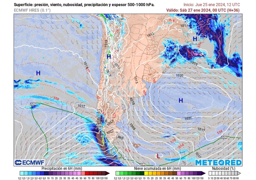precipitación, nubes y presión previstas