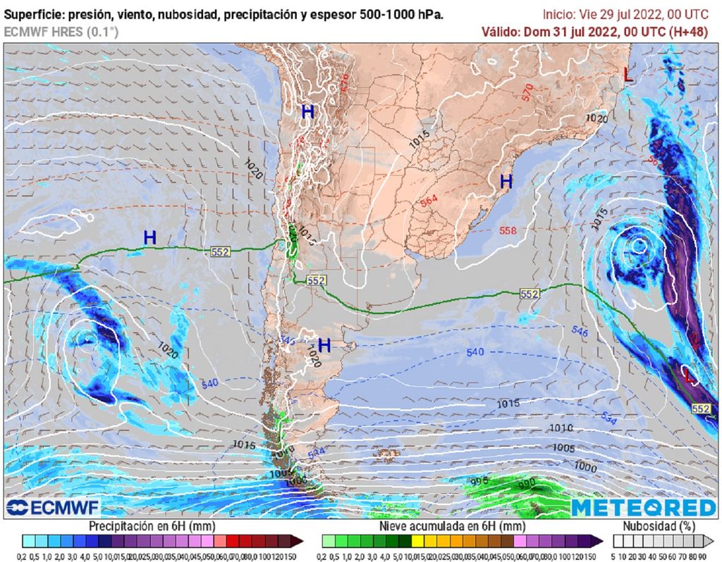 presión y precipitaciones previstas; modelo ECMWF presión y precipitaciones previstas; modelo ECMWF