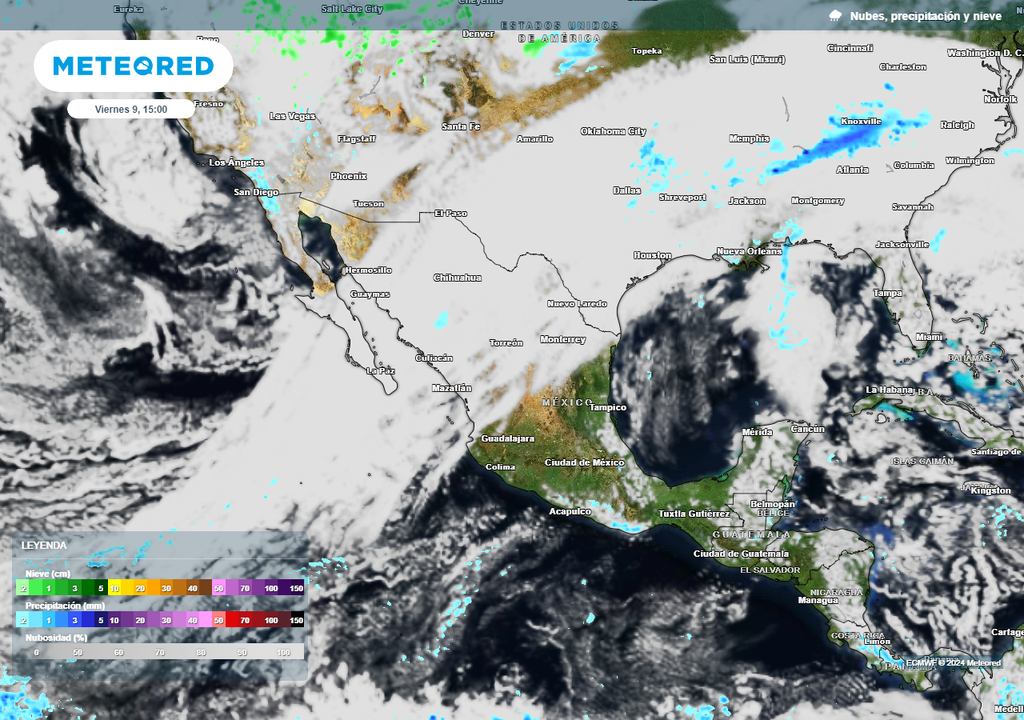 Nubosidad, viento y lluvia en México, donde se observa la corriente en chorro