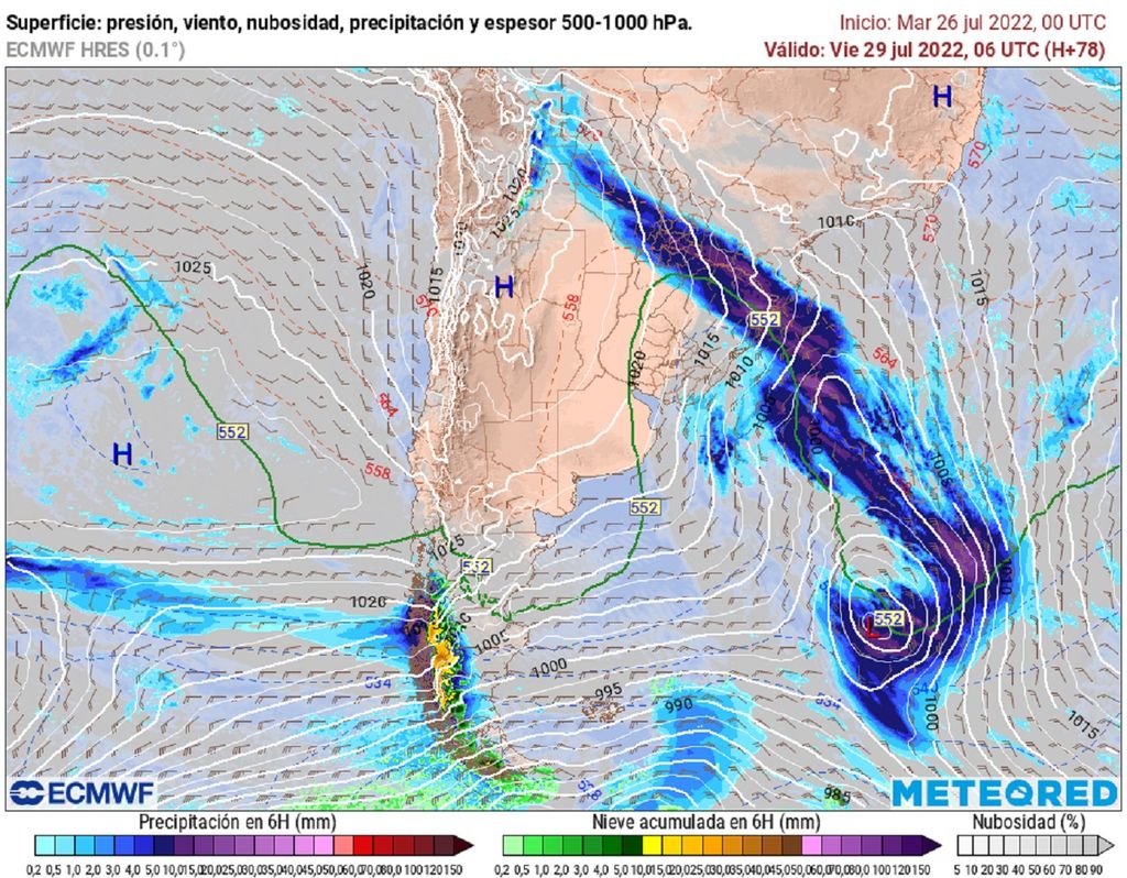 precipitación y presión previstas; modelo ECMWF