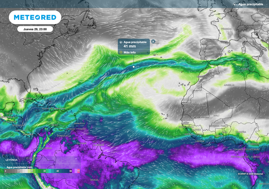 Impresionante río atmosférico mañana jueves, cruzando todo el Atlántico y accediendo al Mediterráneo a través del Estrecho de Gibraltar.