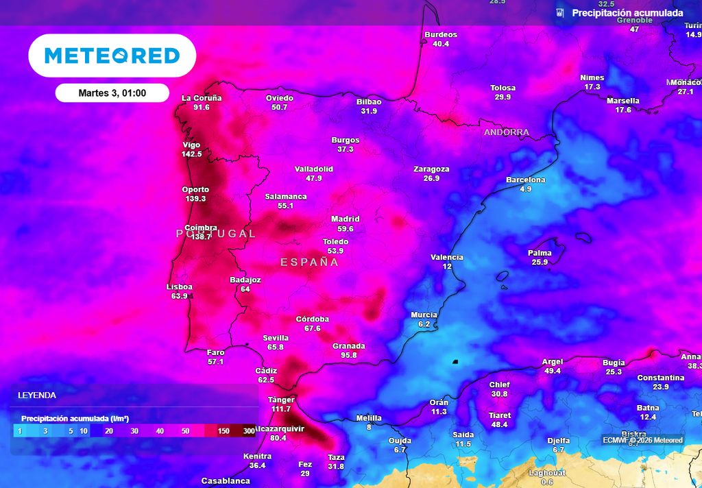 En los próximos días seguirán borrascas y frentes muy activos en España, con precipitaciones muy cuantiosas en la vertiente atlántica y zonas de montaña.
