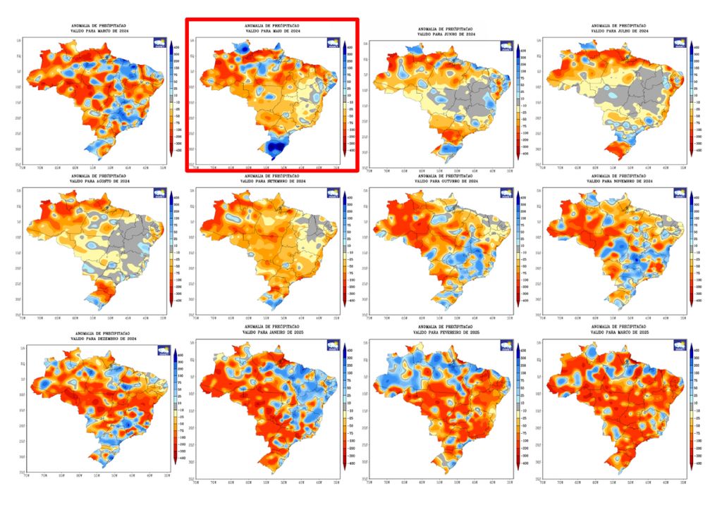 Anomalias mensais de precipitação desde março/2024 até março de 2025, destacando maio/2024 com o quadro vermelho. Créditos: adaptado do INMET. Anomalias mensais de precipitação desde março/2024 até março de 2025, destacando maio/2024 com o quadro vermelho. Créditos: adaptado do INMET.