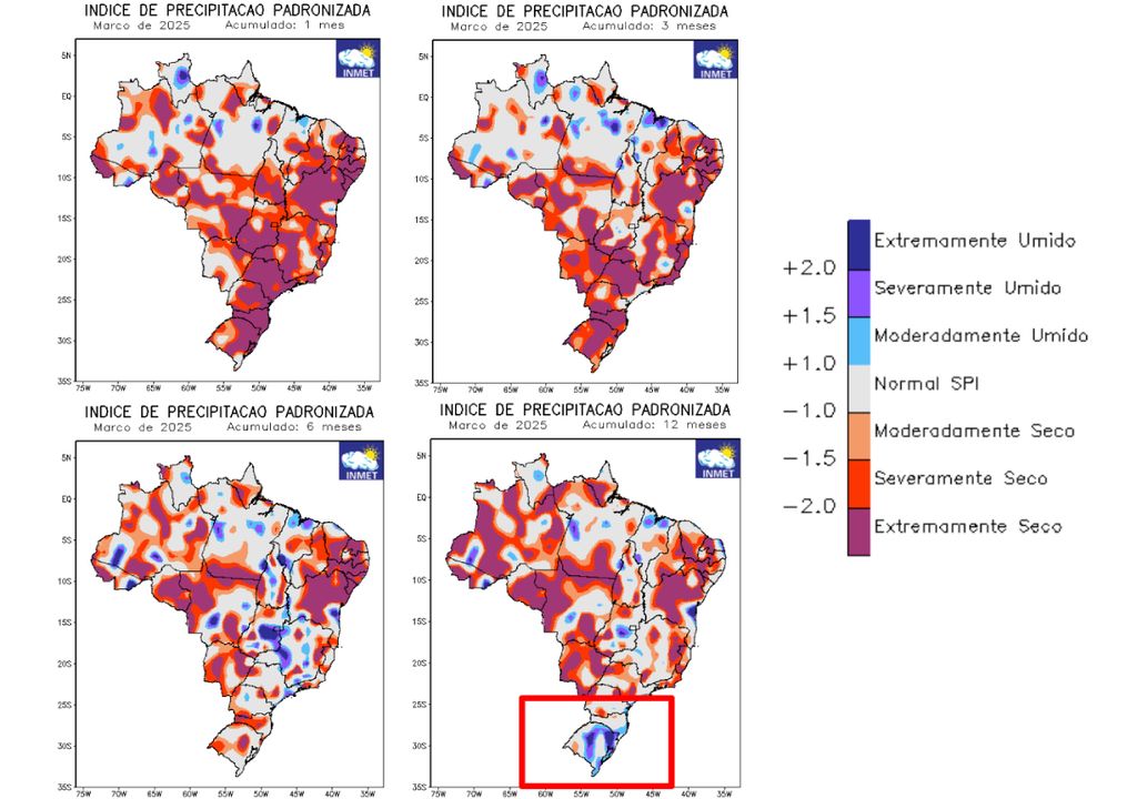SPI acumulado para 1 mês, 3 meses, 6 meses e 12 meses, onde o retângulo vermelho destaca o extremo úmido no estado gaúcho. Créditos: adaptado do INMET. SPI acumulado para 1 mês, 3 meses, 6 meses e 12 meses, onde o retângulo vermelho destaca o extremo úmido no estado gaúcho. Créditos: adaptado do INMET.