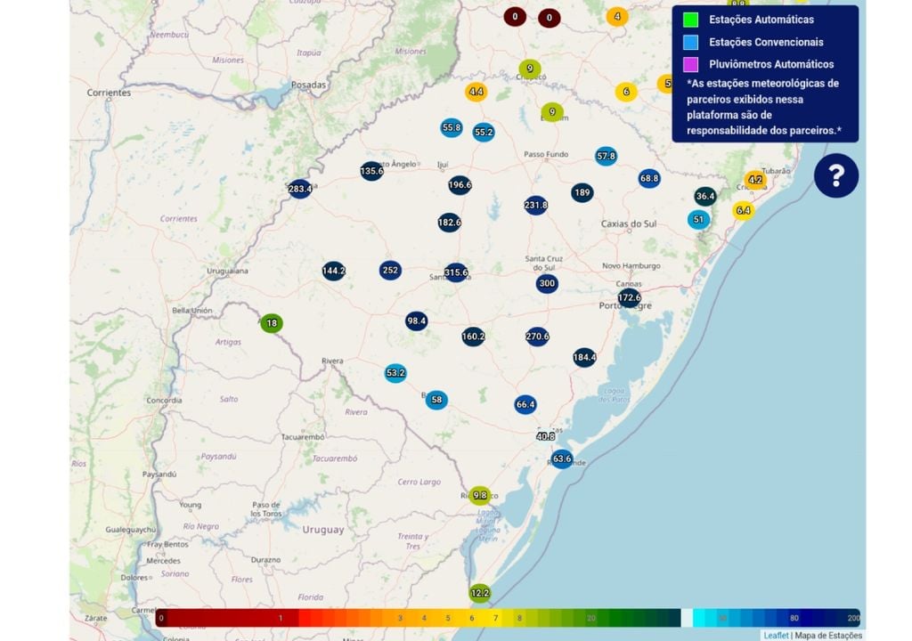 Precipitação acumulada (mm) nas últimas 72h nas estações oficiais do INMET. Créditos: INMET. Precipitação acumulada (mm) nas últimas 72h nas estações oficiais do INMET. Créditos: INMET.