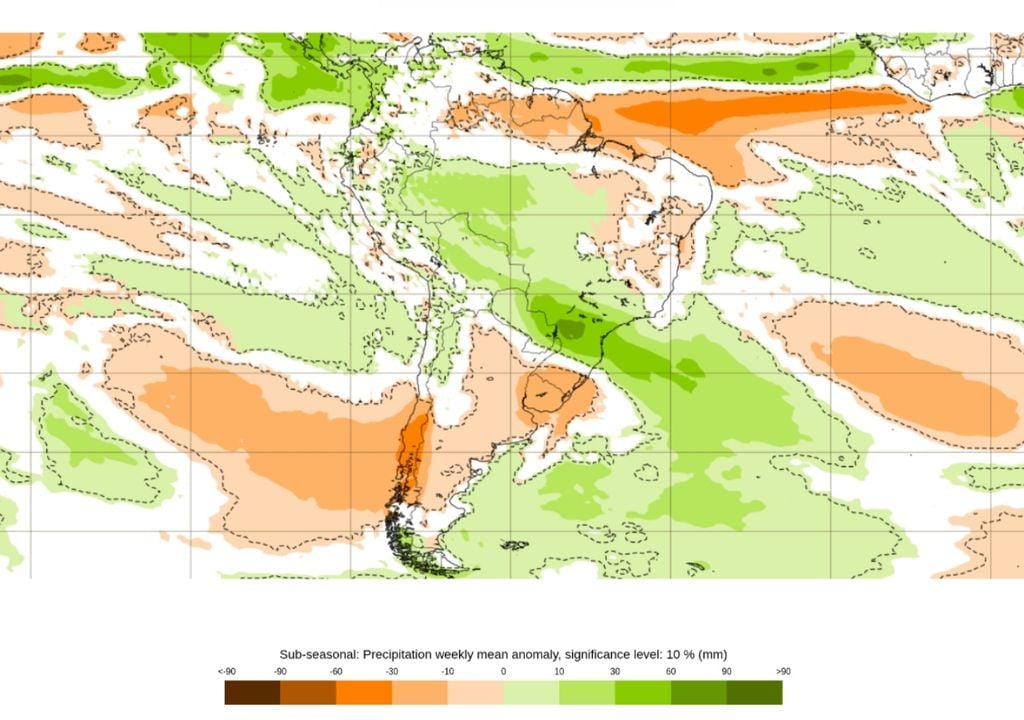 Previsão de anomalia de precipitação entre 23 e 30 de junho. Créditos: ECMWF. Previsão de anomalia de precipitação entre 23 e 30 de junho. Créditos: ECMWF.