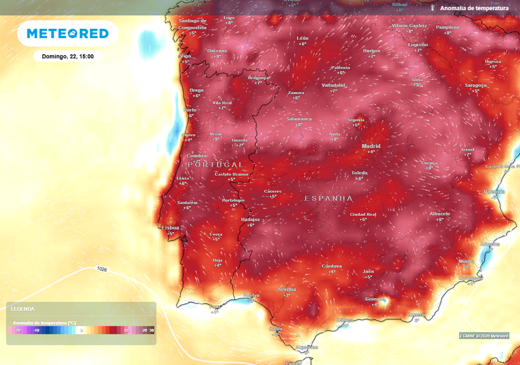O anticiclone vai consolidar a sua influência sobre Portugal continental durante alguns dias, transportando uma massa de ar bastante amena para a época do ano, o que se traduzirá em temperaturas acima da média, sobretudo durante o período diurno.