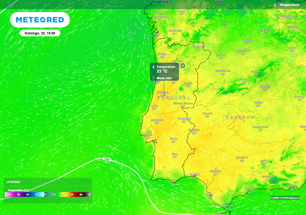 Em boa parte da geografia de Portugal continental as temperaturas máximas serão iguais ou superiores a 20 ºC no próximo domingo, 22 de fevereiro.