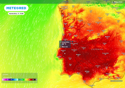 Um fluxo de massas de ar quente est&aacute; a aproximar-se de Portugal, o que causar&aacute; m&aacute;ximas de 38 &deg;C em diversas localidades