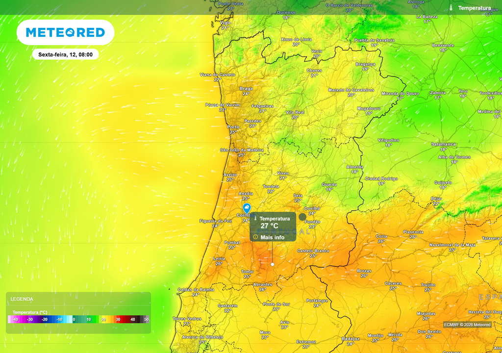 Temperatura Sexta-feira poderá começar com temperaturas invulgarmente elevadas para a hora, com várias localidades do Norte e Centro a registarem entre 25 e 27 °C logo pelas 08:00.