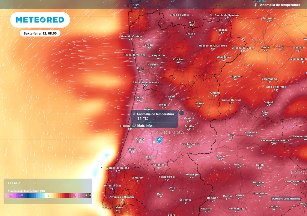 A manhã de sexta-feira poderá apresentar anomalias térmicas muito expressivas, com temperaturas até 10 ou 11 °C acima da média climatológica em várias regiões do país, um cenário pouco habitual para as manhãs de junho.
