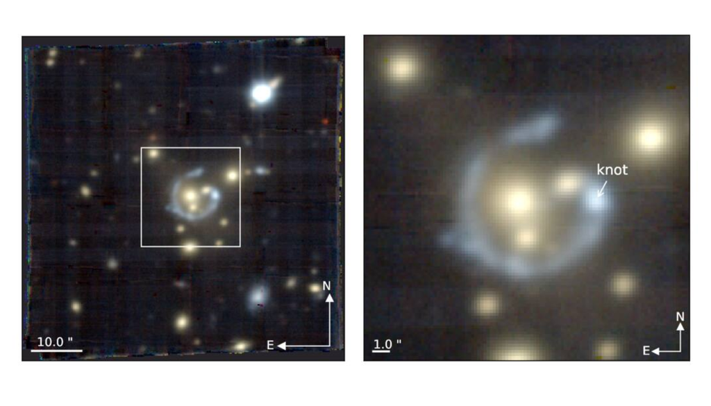 A gravidade de uma galáxia pode ampliar ou distorcer a imagem de outra mais distante, funcionando como uma lente natural. Crédito: Lin et al. 2026