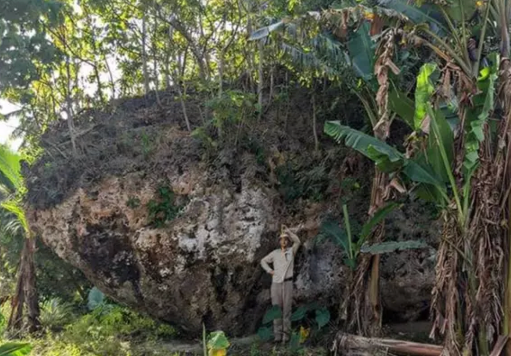 Investigador da Universidade de Queensland em frente à rocha Maka Lahi.